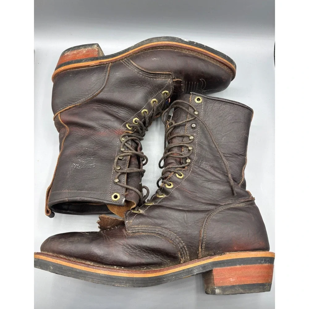 Chippewa Mens Brown Leather Kiltie Logger Boots USA Made 29416 Size 9.5